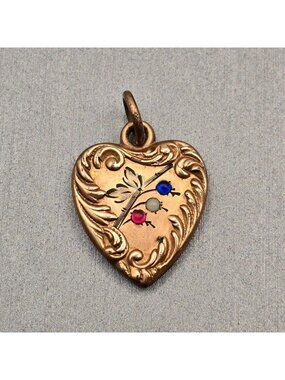 Antique Puffy Heart Charm Gold Filled Repousse Glass Paste Stone Pendant